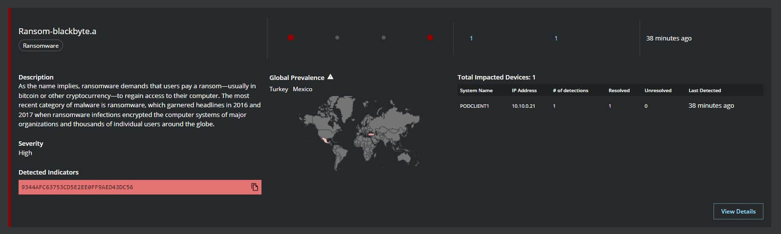 Figure 5. Ransomware Detection Name and Observed Detections noted in MVISION Insights