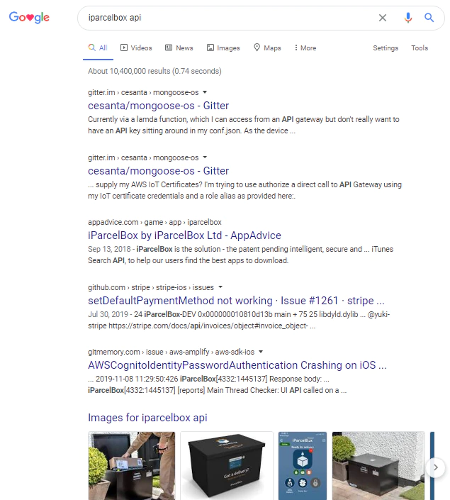 Figure 8. Google Search for “iparcelbox api”