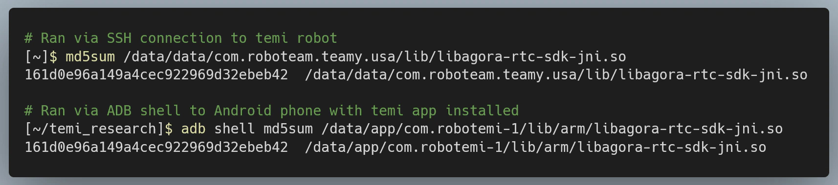 Figure 14: Comparing MD5 hashes for libagora between temi robot and temi phone app