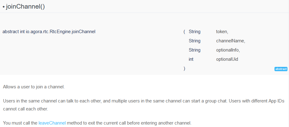 Figure 15: Agora’s documentation for joinChannel()