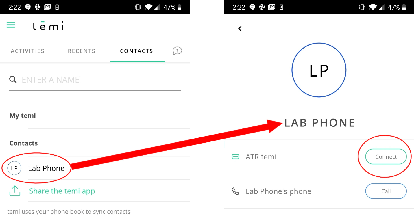 Figure 1: Selecting a contact from the temi phone app