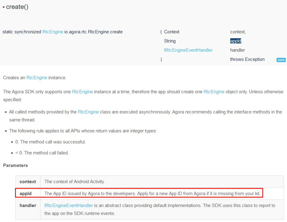 Figure 28: Agora documentation for RtcEngine.create()