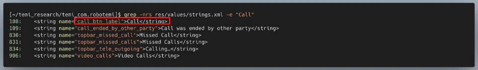 Figure 32: Searching for the call button label in strings.xml