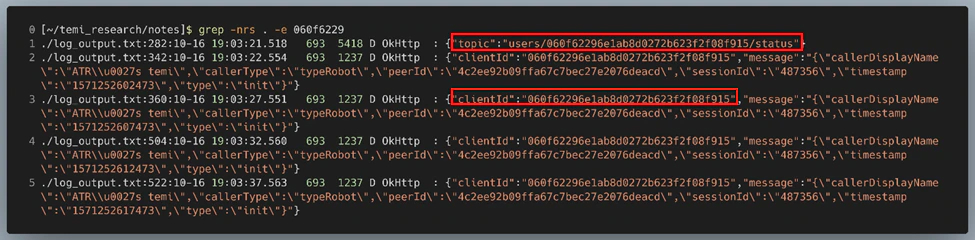 Figure 44: Matching strings in the logcat output recorded earlier