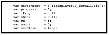 Figure 14. JavaScript variables used to drop fake Flash Installer