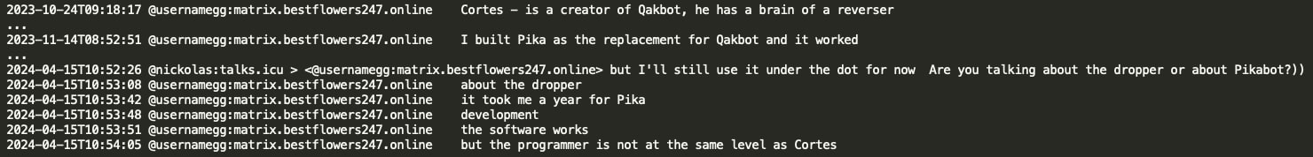 Figure 21: GG’s chat with Nickolas where he states it took them a year to
develop Pikabot malware