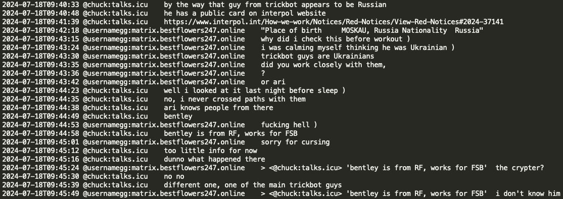 Figure 4: Chuck and GG discuss Trickbot gang and mention ‘bentley’ who works for FSB