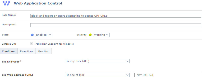 Figure 6: DLP Rule for Blocking & Reporting on Users Accessing GPT URLs