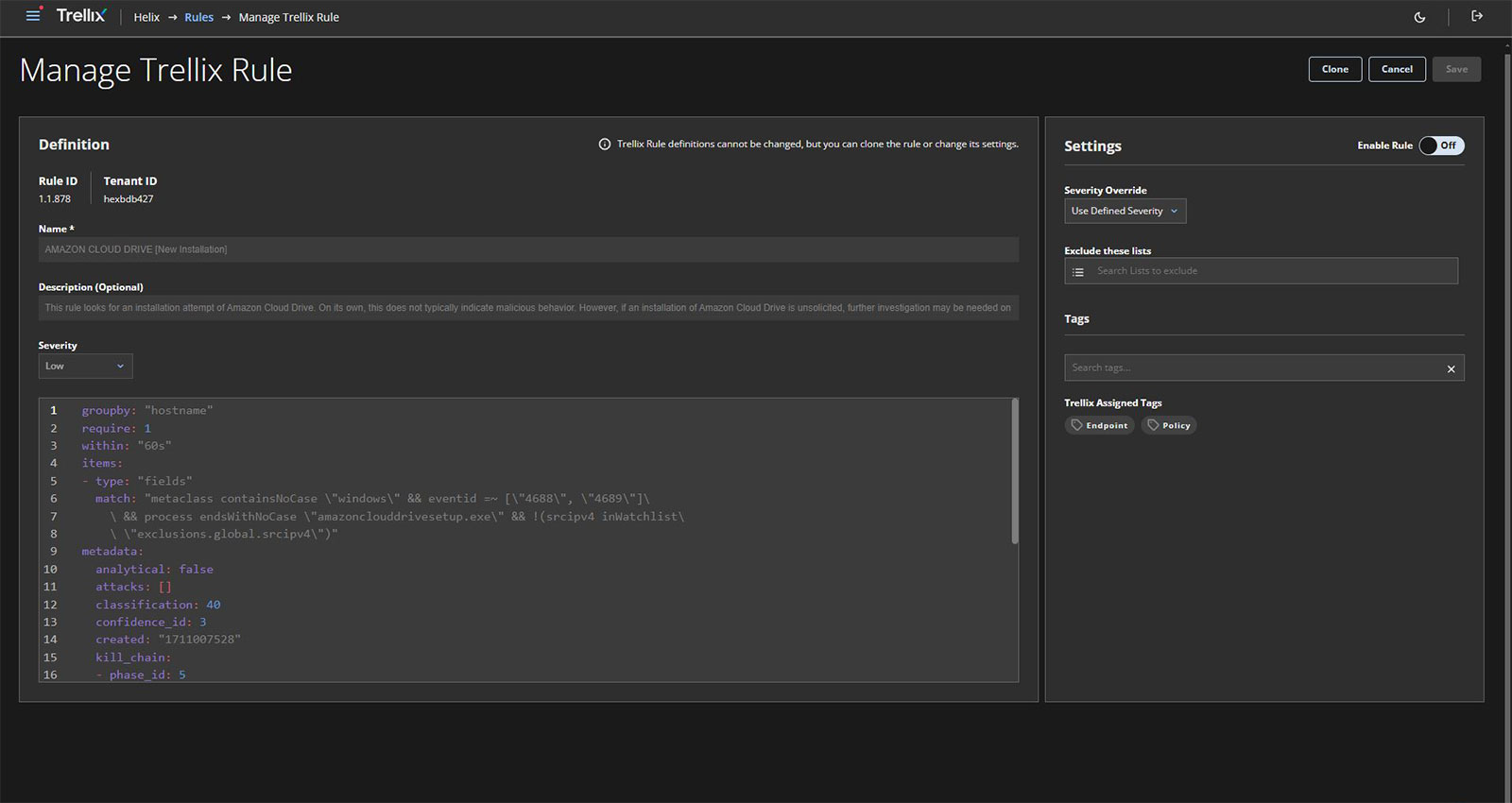 Figure 3: The enhanced Rules area lets teams more easily manage a Trellix-created rule, assign tags, and enable or disable the rules