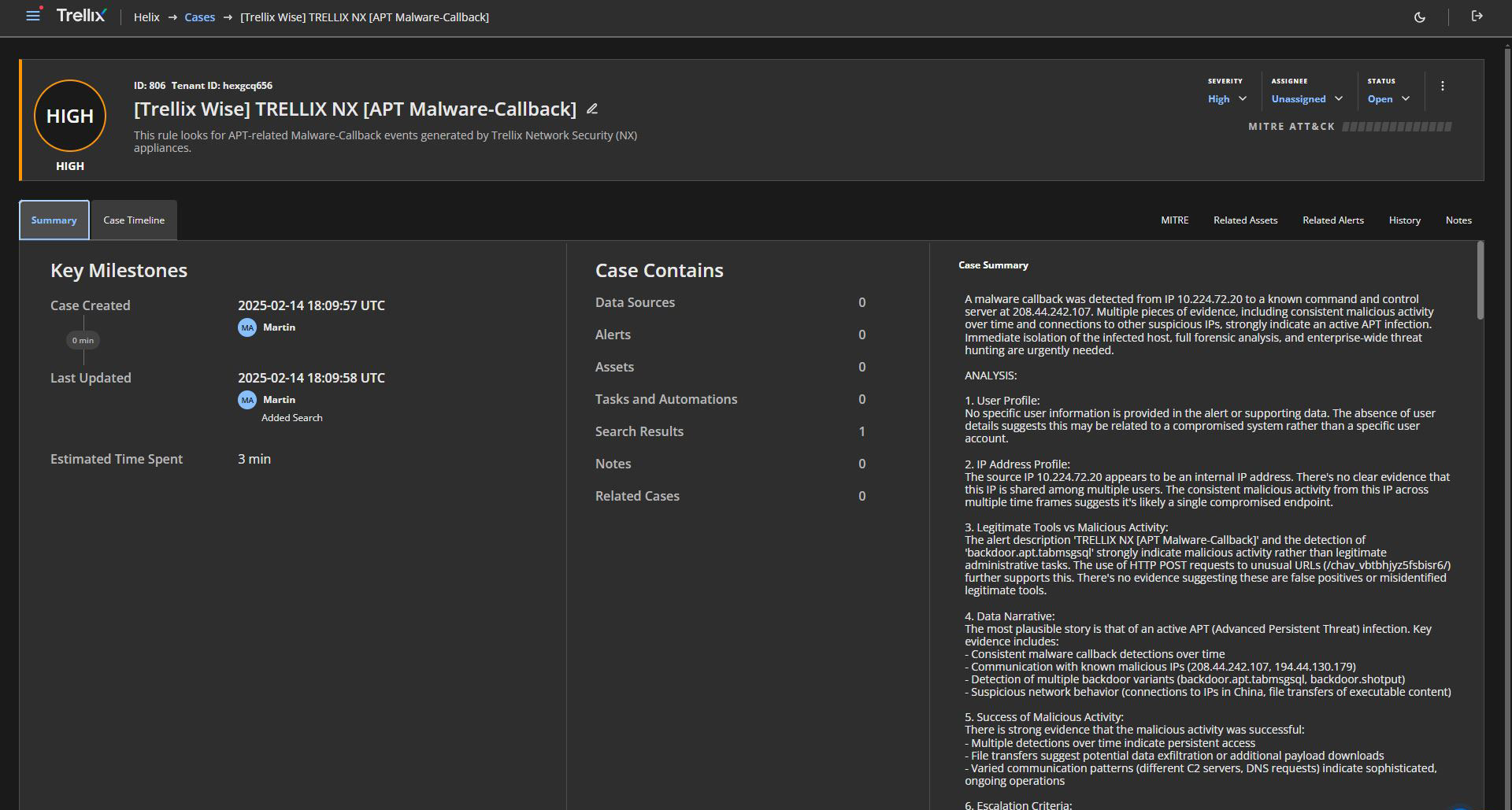 Figure 5: The Case Management area groups and shows activity, timelines, and summaries for analysts