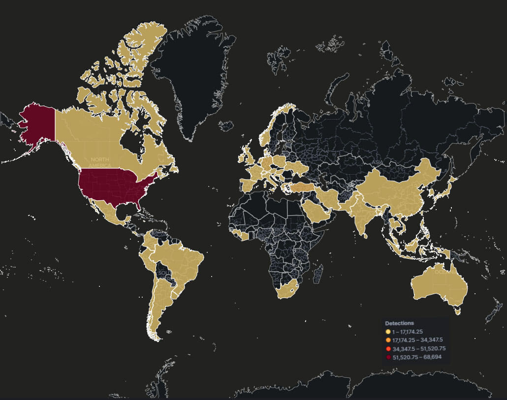 Figure 3 – Geographical Heatmap for QakBot attacks 