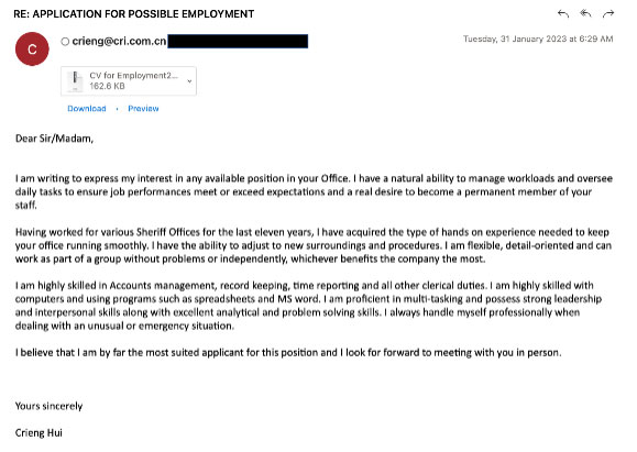 Figure 1: Application For Employment Email